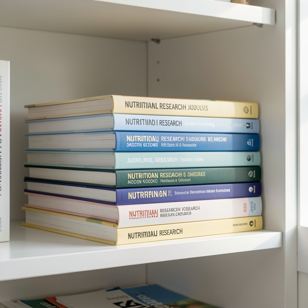 Stack of nutritional research journals and books on a white shelf, natural light from a nearby window