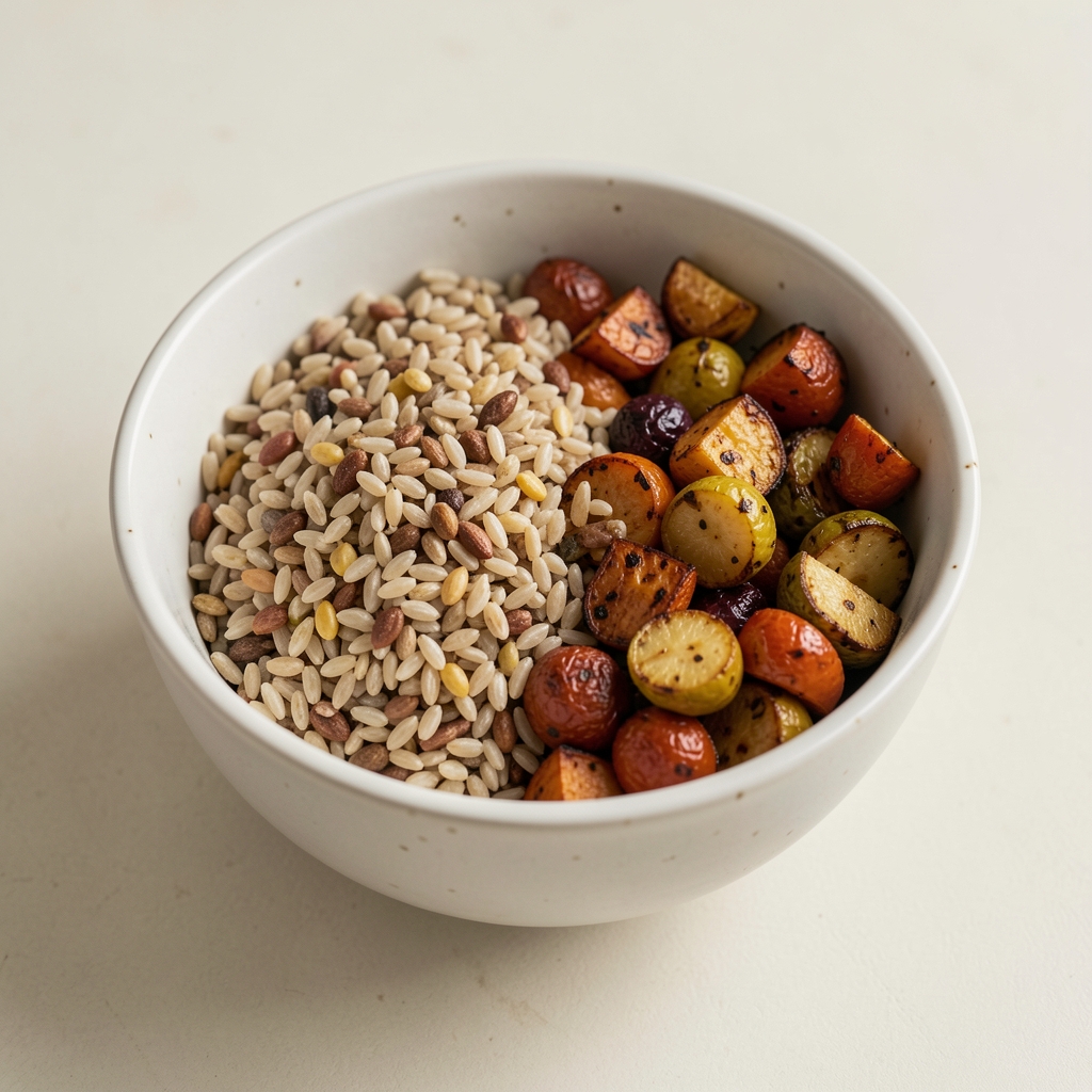 Bowl of whole foods with grains and roasted vegetables in natural light, minimal composition on a pale surface