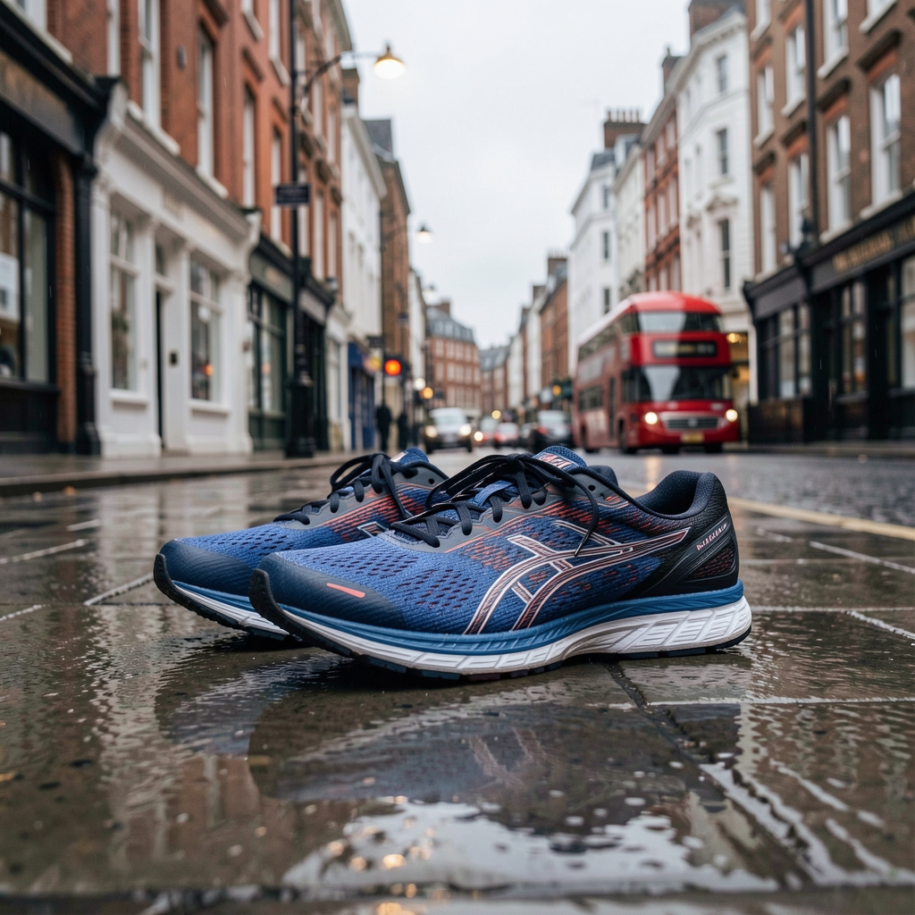 Running shoes resting on a wet London pavement, overcast morning light, low camera angle